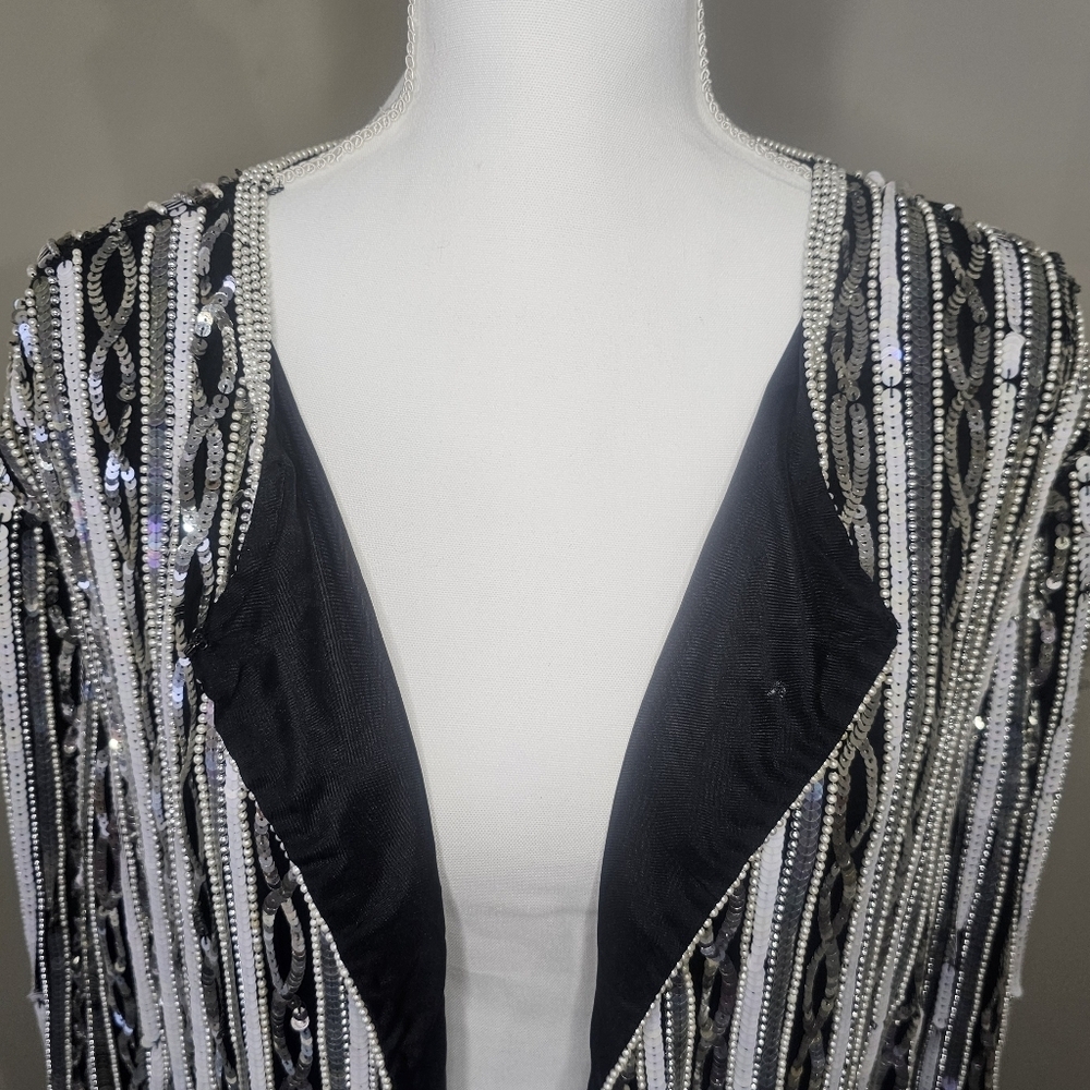 Papell Boutique Vintage 80s Black & Silver Beaded Sequin Silk Evening Jacket - Picture 4 of 13